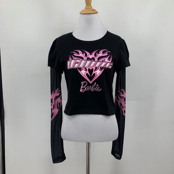 Barbie Top Womens L large Black Cropped Logo Mesh Long Sleeve Y2K Layered *READ - Picture 2 of 14
